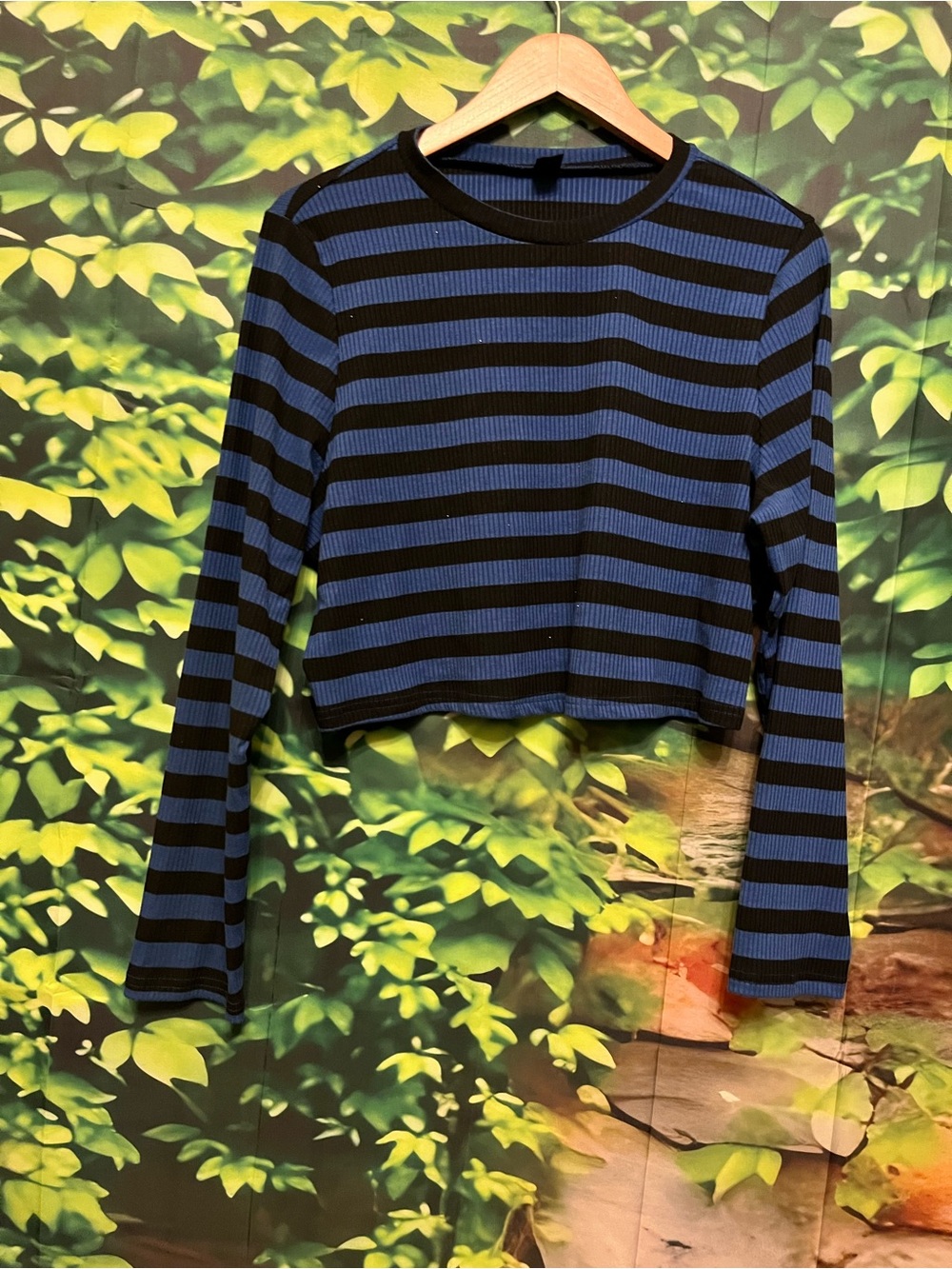 SHEIN Blue and Black Striped Long Sleeve Cropped Top